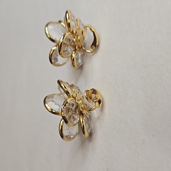 Vintage 90s Clear Circle Crystal Flower Design Gold-Tone Clip-On Earrings EUC - Picture 3 of 4